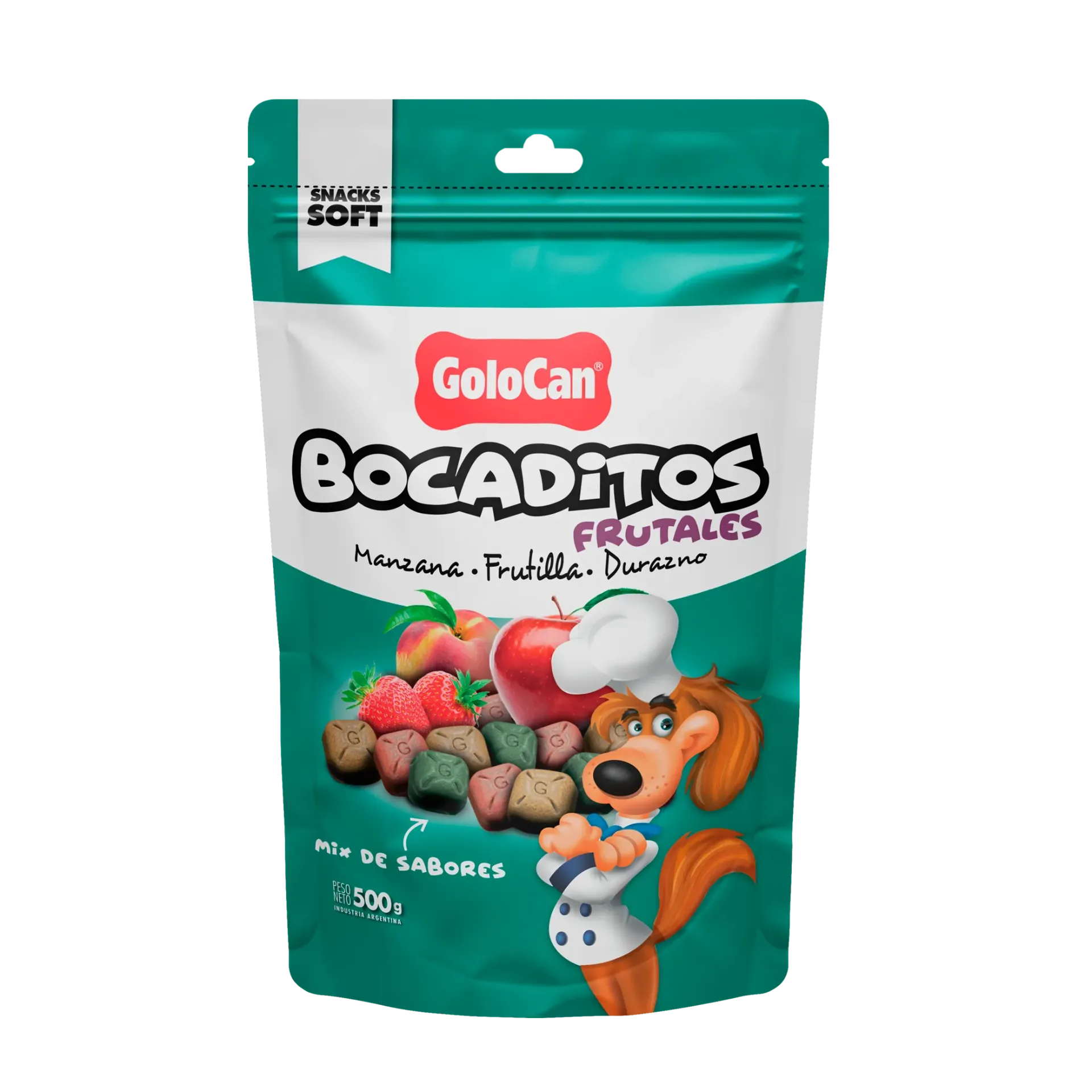 [350-D] GOLOCAN -Doypack Bocaditos Semihúmedos Manzana, Frutilla y Durazno 500gr